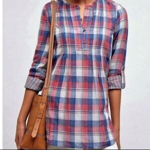 NWT Anthropologie Holding Horses Hi Lo Roll Tab Sleeve Plaid Tunic Size 4